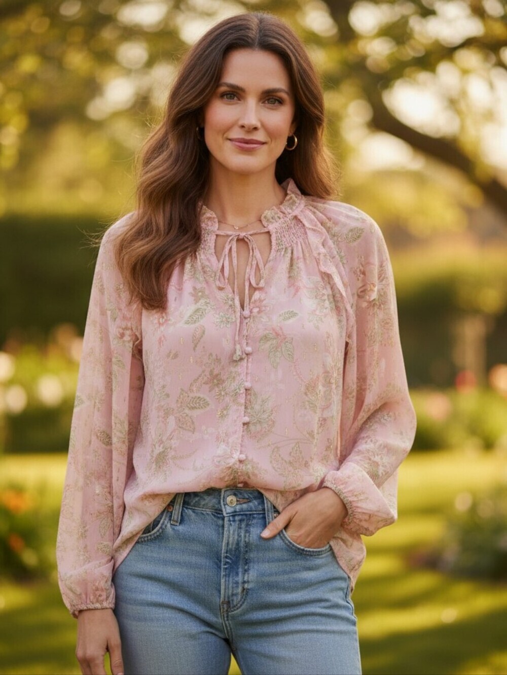 Haver & Blair Floral Pink Ruffled Rooe Tie Neckline Blouse Size L